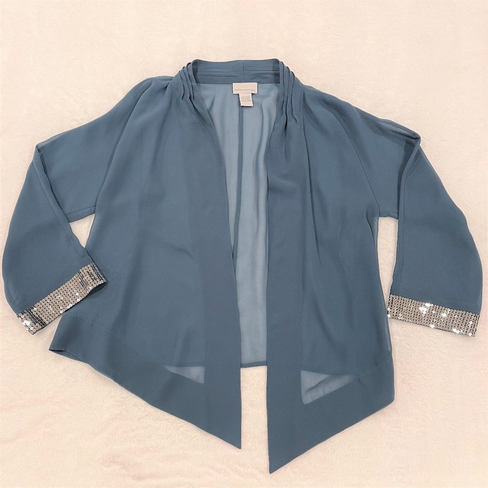 Soft Surroundings Sheer Cardigan Topper Cover Up Sequin Teal Blue Green Sz S NEW